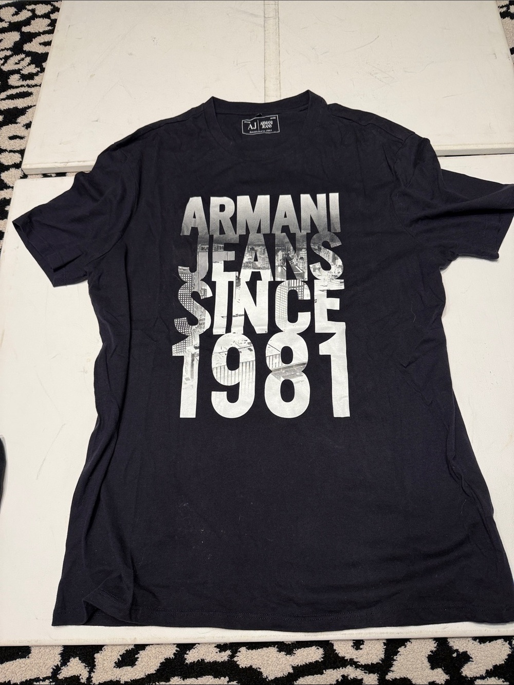 Armani Jeans Black Short-Sleeve Tee with Silver Logo Print